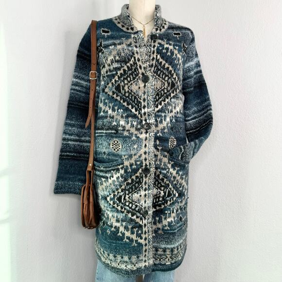 Blue Southwestern Aztec Printed Cardigan Sweater Thick J. Jill Size Medium - Picture 1 of 8